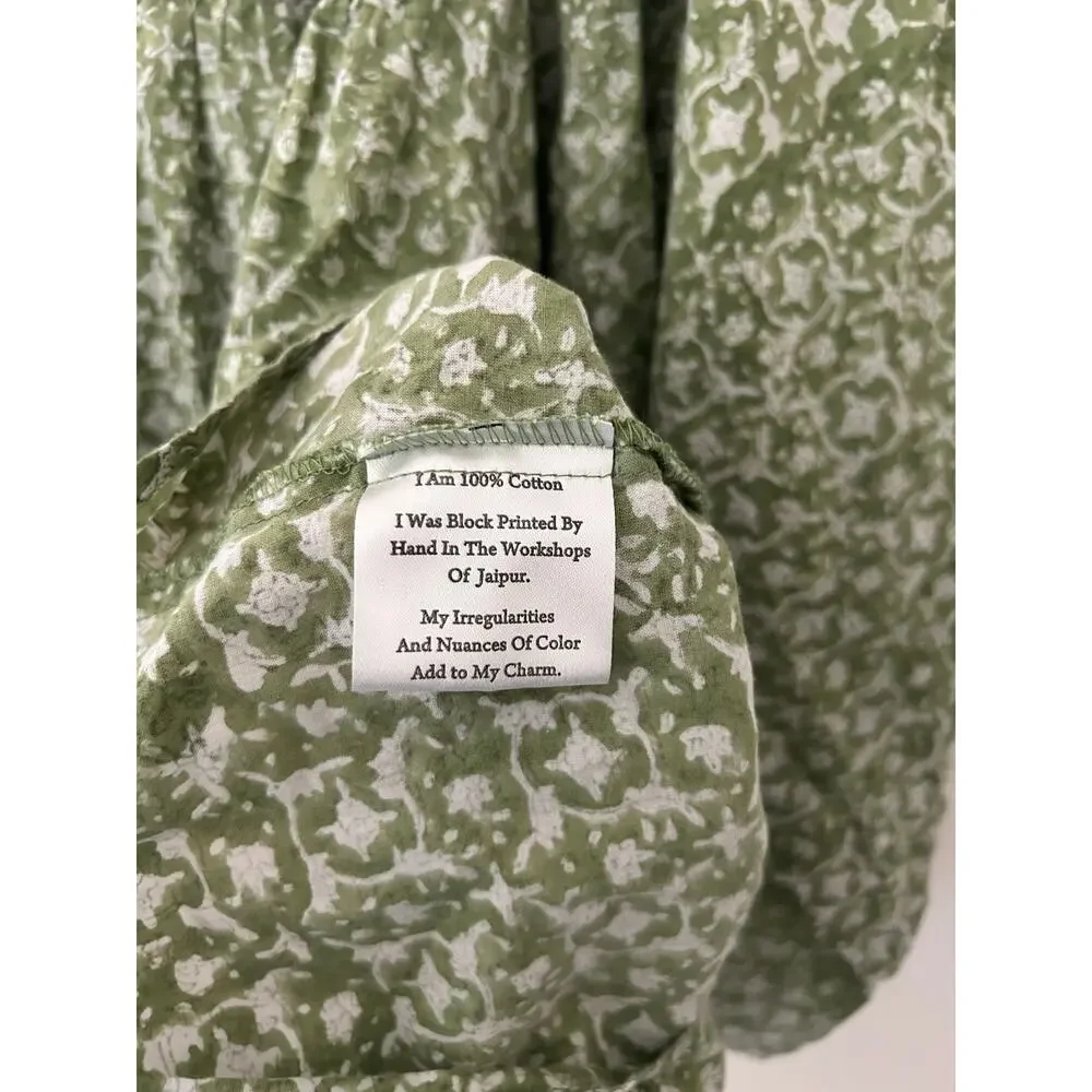 Mille Charlie Peasant Blouse Green Tie Front Cotton Green Block Print India XL - Picture 6 of 10